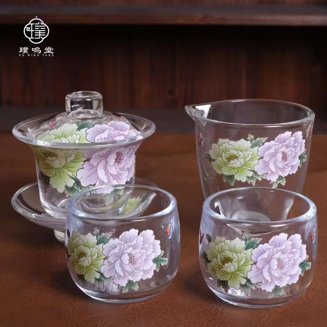 水晶玻璃牡丹盖碗➕2杯➕公杯