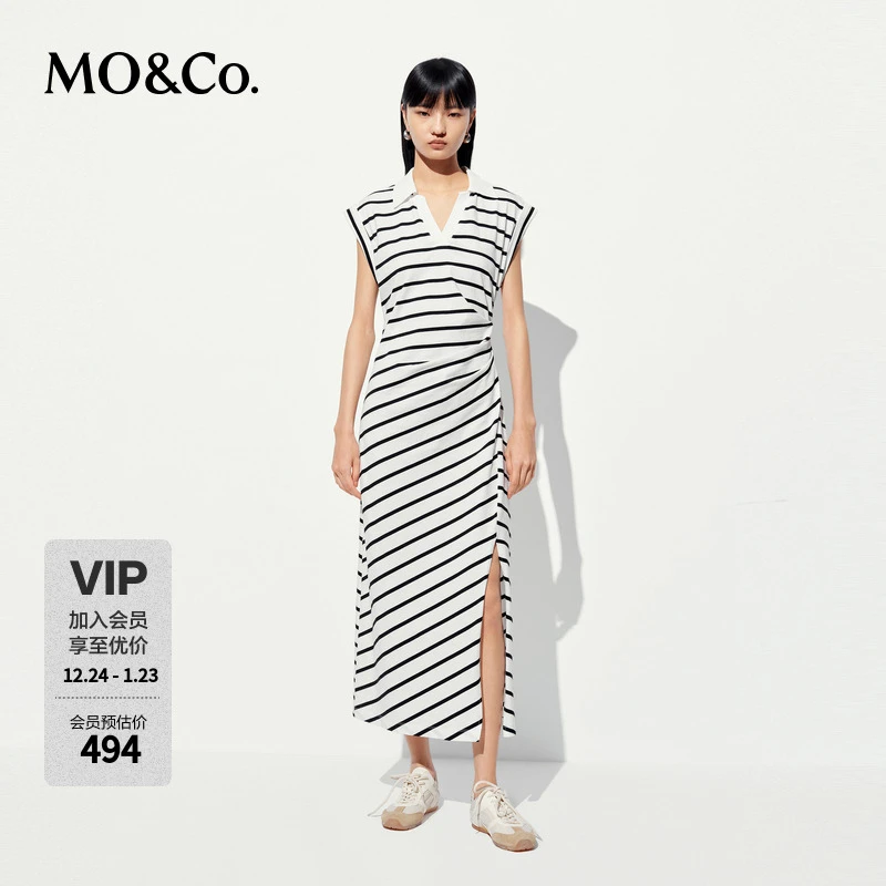 MOCO连衣裙2025夏新品棉质经典条纹翻领捏褶收腰侧开叉MBE2DRST16