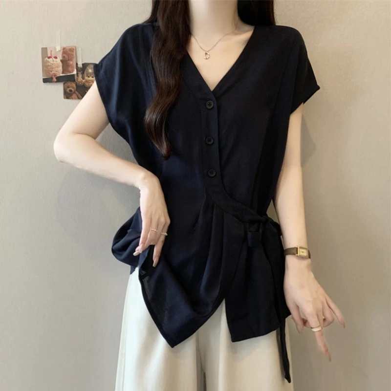 大码法式设计感系带V领短袖衬衫女夏季胖MM宽松显瘦百搭洋气上衣