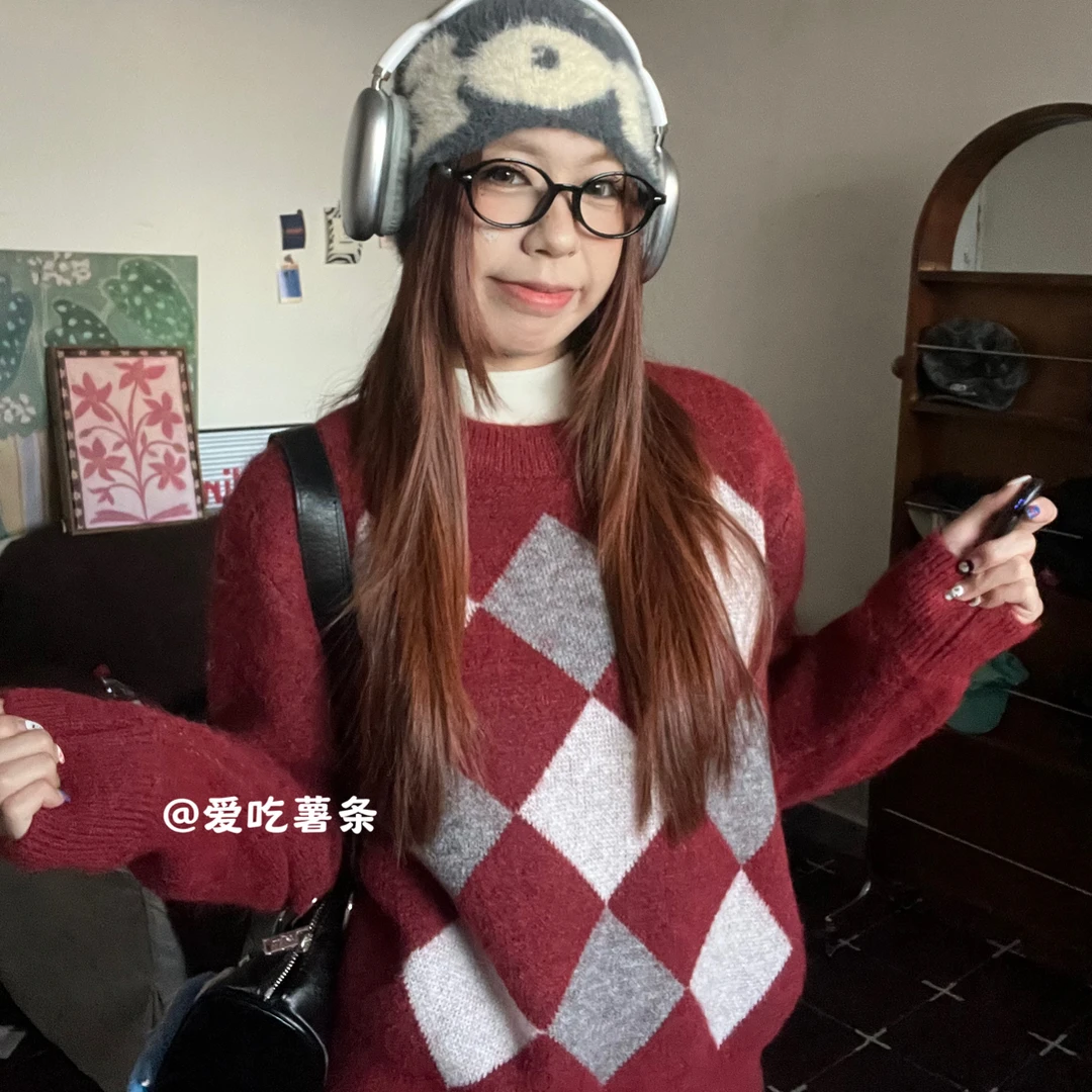 爱吃薯条【菱格】韩系秋冬圣诞新年战衣百搭菱格纹针织毛衣上衣