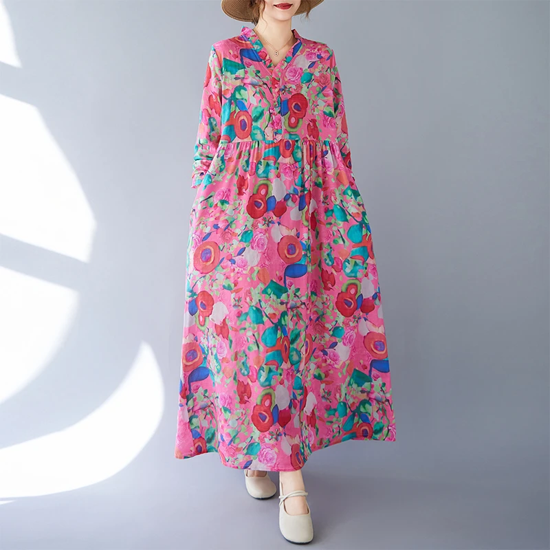 女秋大码文艺复古碎花印花长裙宽松休闲木耳花边领长袖大摆连衣裙