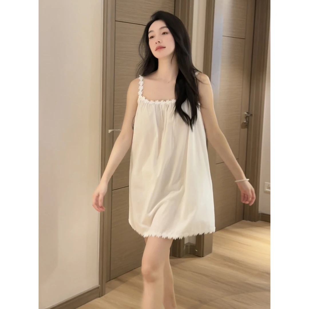 法式甜美气质简约睡裙女夏季新款薄款宽松纯欲风家居服短裙连衣裙