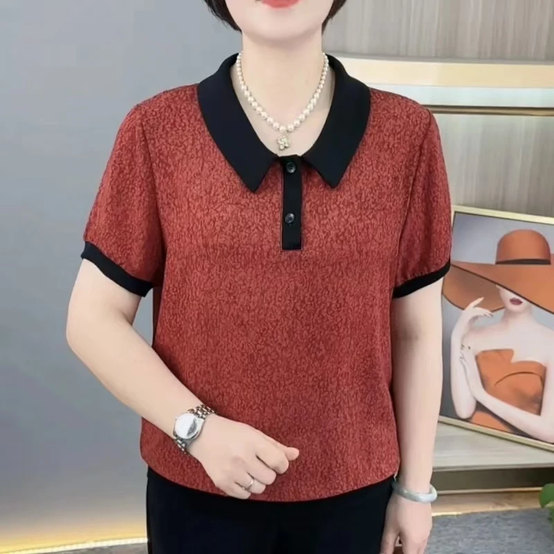 妈妈装夏季新款娃娃领撞色轻薄透气显瘦中老年女装短袖上衣
