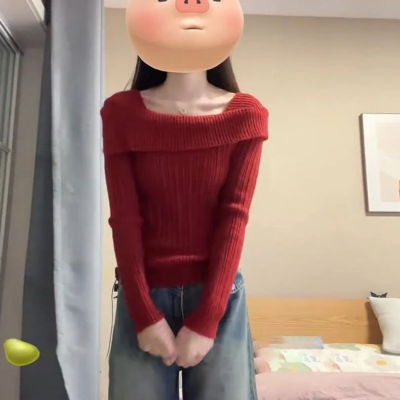 秋冬高级感洋气一字肩过年红色毛衣女打底针织衫内搭外穿气质上衣