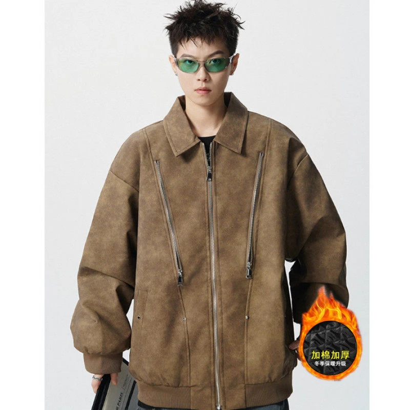 美式复古潮牌高街拉链拼接皮夹克男秋休闲痞帅机车服皮衣外套