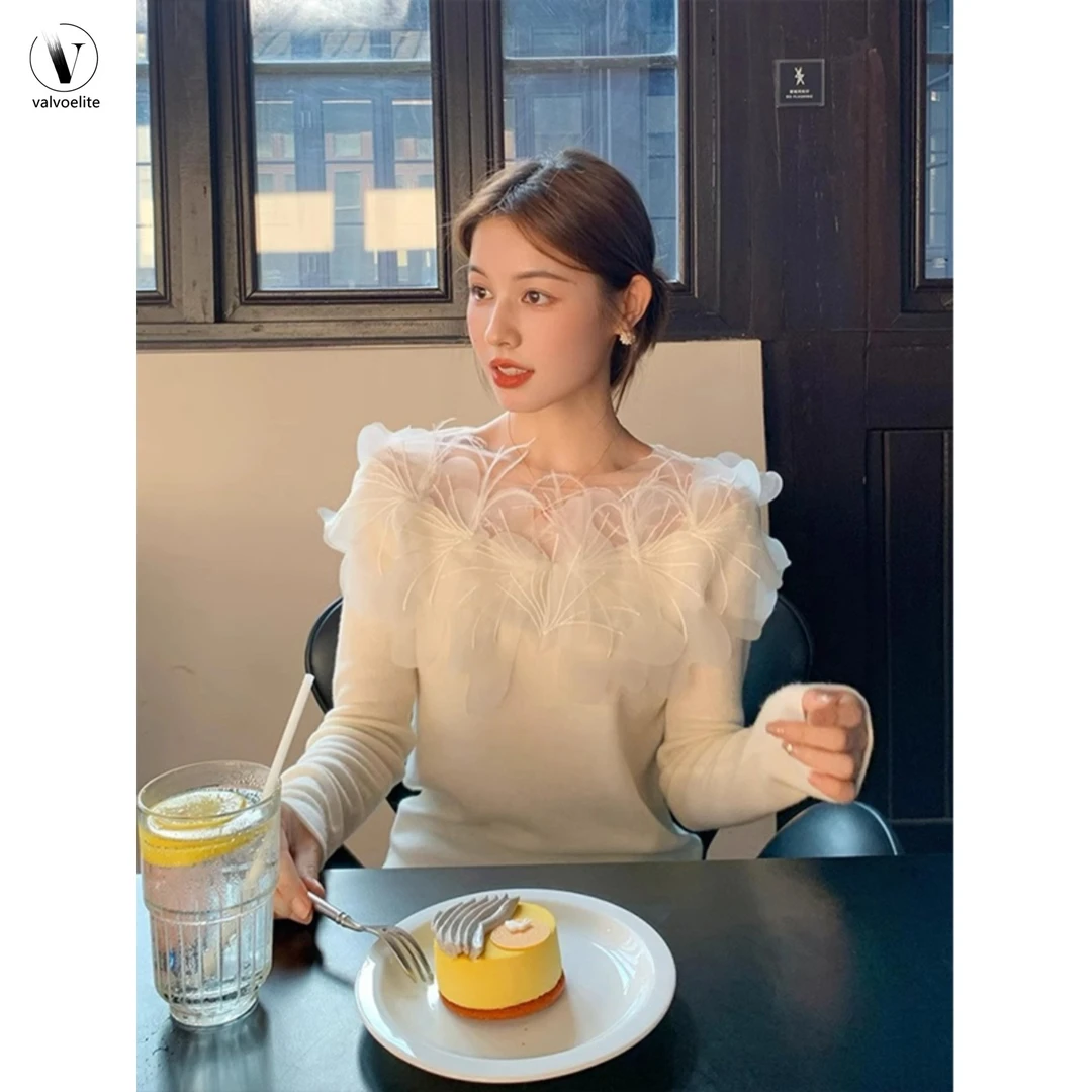 VALVOELITE法式拼接立体针织打底衫秋冬修身毛衣内搭独特绝美上衣