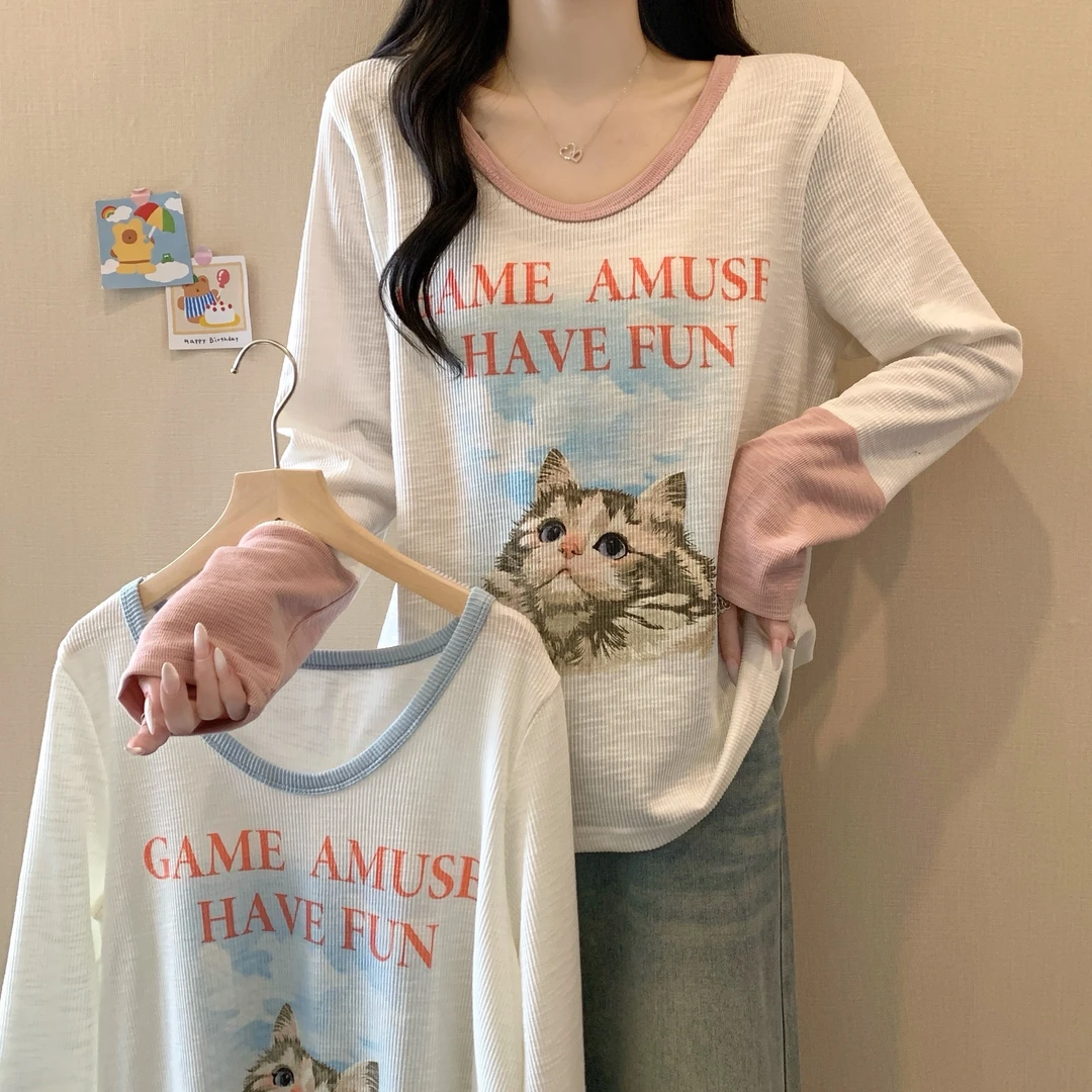 2025年新款大码女装宽松显瘦猫咪印花长袖上衣2976