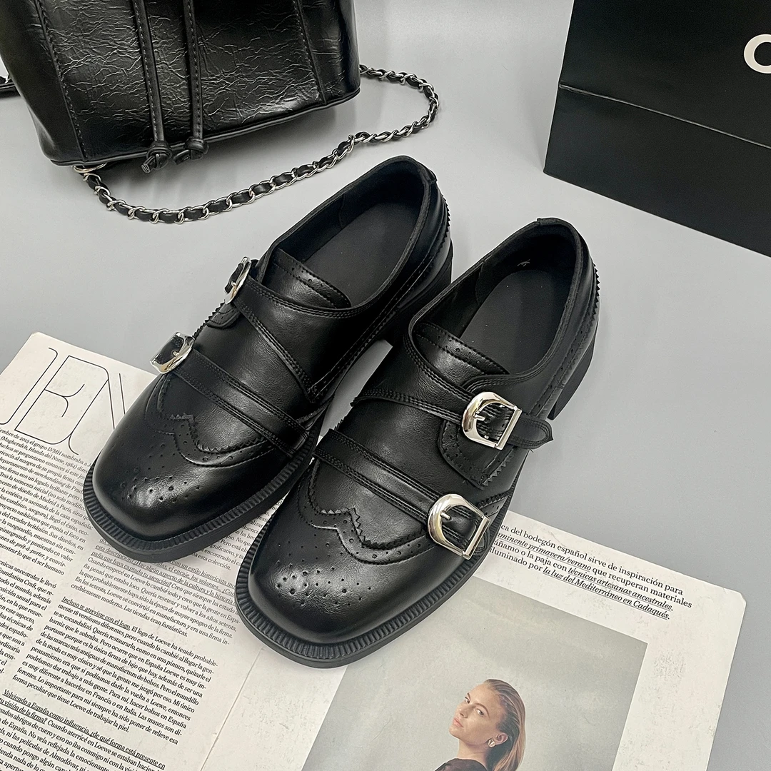 【唯品专属】3617-15复古小皮鞋英伦风双扣乐福鞋雕花粗跟布洛克