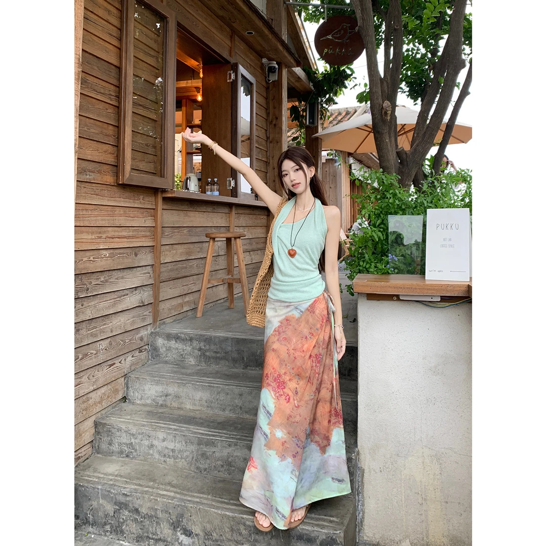 夏日挂脖背心吊带气质复古扎染高腰半身裙套装显瘦百搭民族风国风