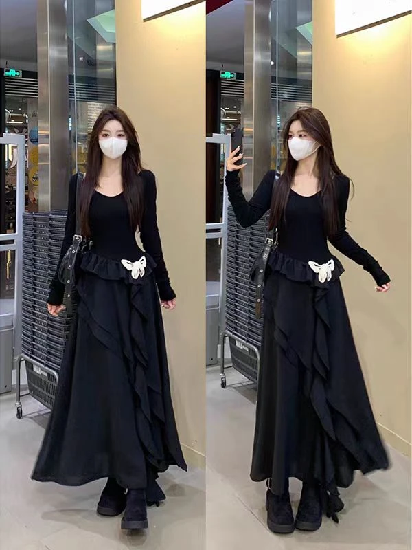 早秋流行穿搭微胖MM小香赫本风显瘦蝴蝶连衣裙绝美巨好看裙子1960