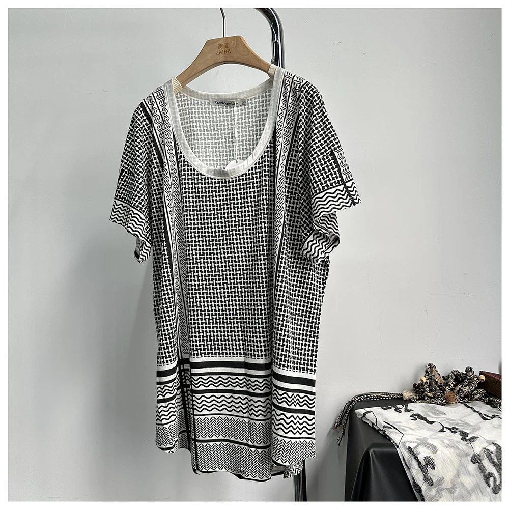 T480  夏季新款女士休闲宽松圆领时尚百搭格纹短袖T恤女