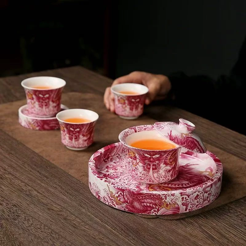 陶瓷墨龙吐息可旋转悬浮盖碗茶具