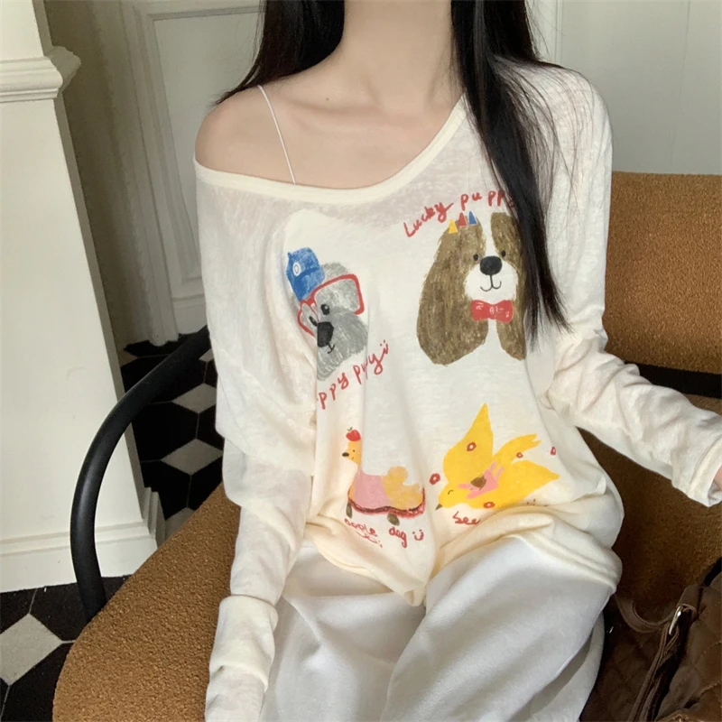 小众趣味印花长袖T恤女薄款防晒上衣秋季时髦慵懒宽松设计感罩衫