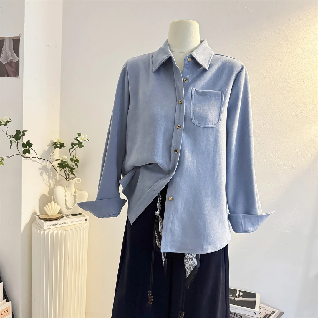 蓝色加厚叠穿磨毛衬衫女长袖2025秋冬宽松休闲通勤衬衣单口袋上衣