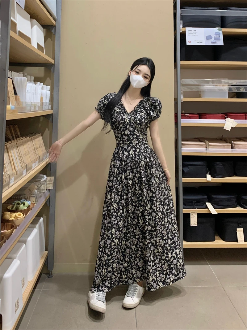 大码女装夏季新款浪漫温柔风雪纺长裙女碎花木耳边短袖透气连衣裙