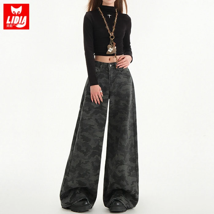 美式迷彩弯刀牛仔裤女秋天新款复古高街多口袋宽松解构阔腿工装裤