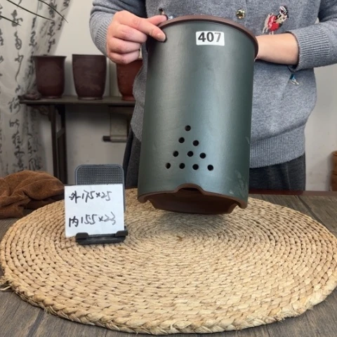 紫砂花盆墨绿粉浆直筒407