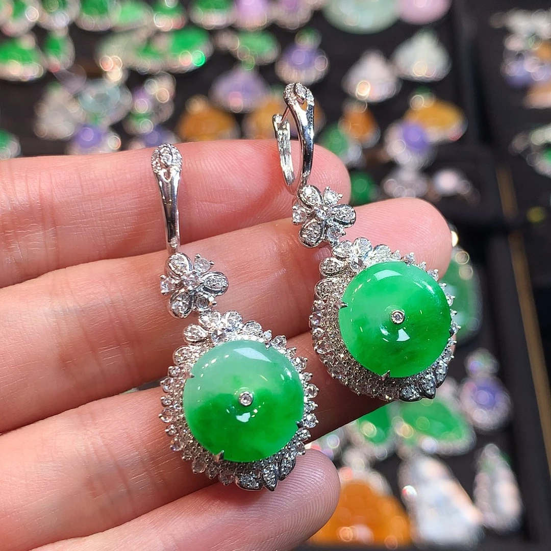 翡翠18K金镶嵌耳饰高冰金丝满绿平安扣耳坠