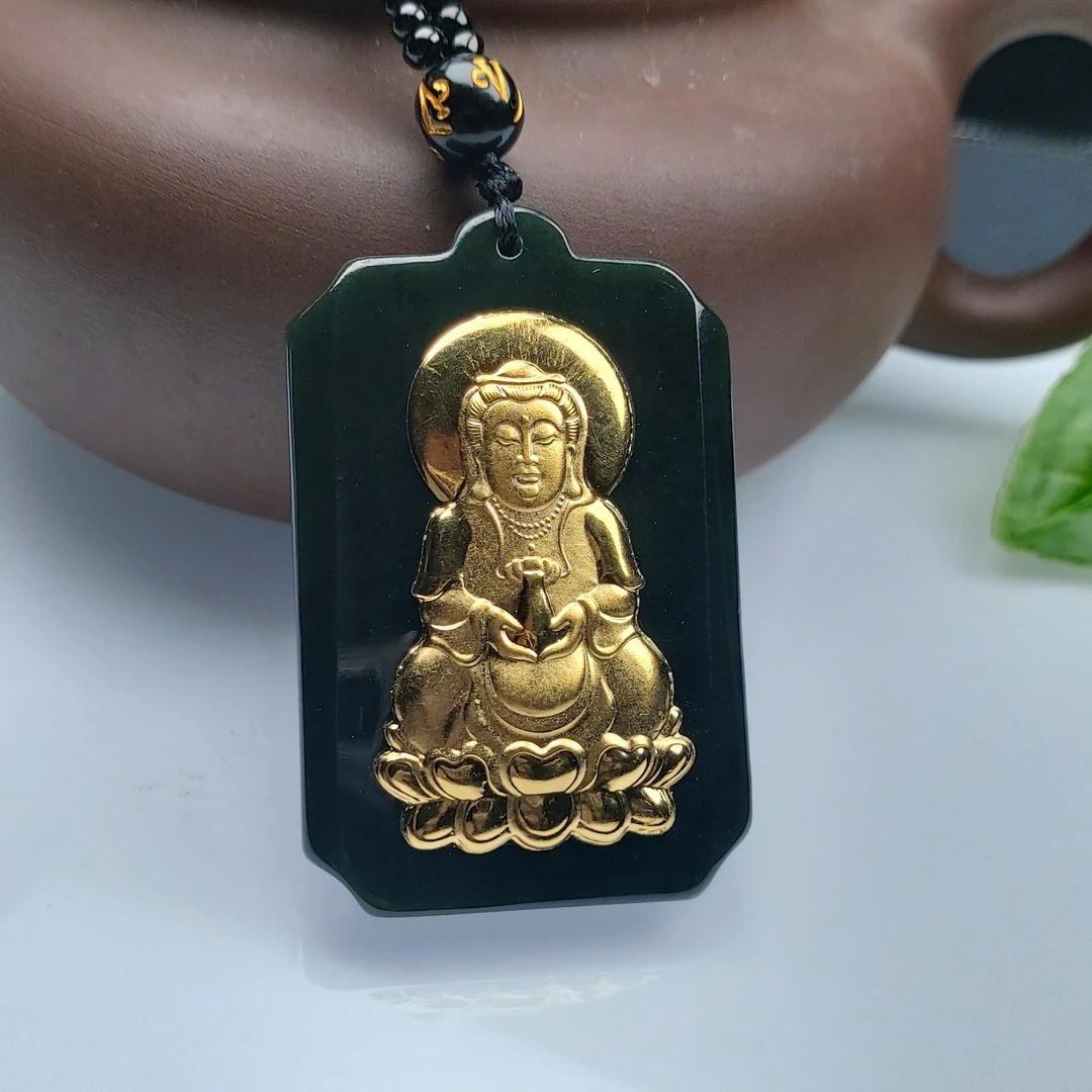 （珍姐珠宝）足金 黄金和田墨玉观音吊坠