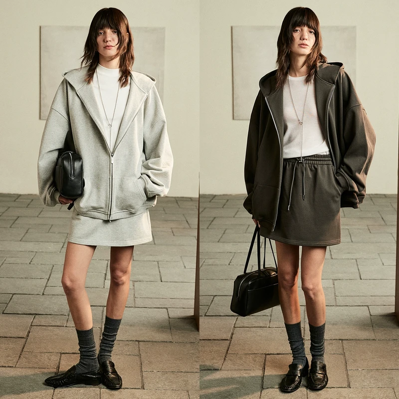 KEIGAN/开间明星同款舒适轻柔长绒棉薄款慵懒廓形连帽卫衣外套