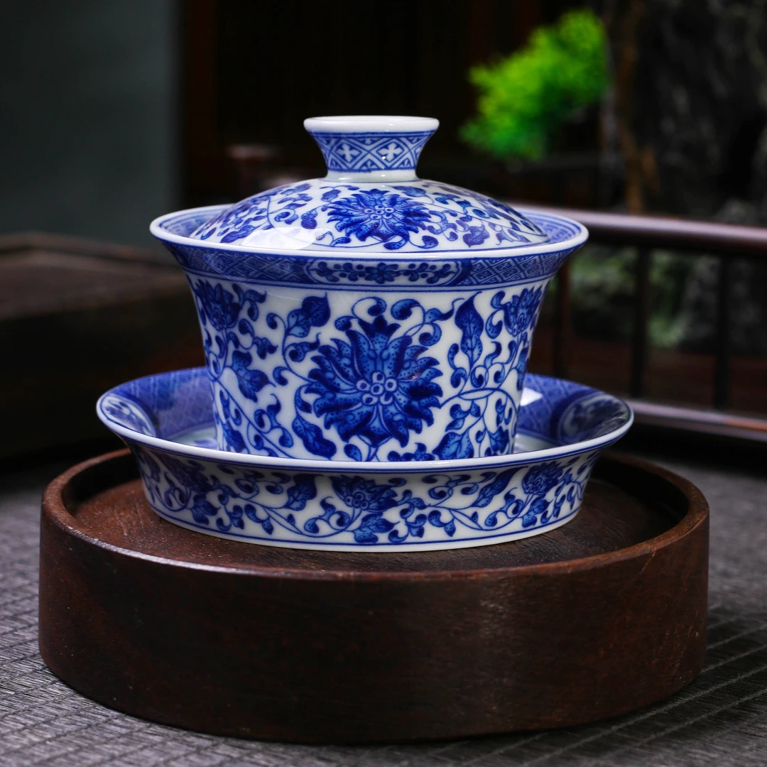 【熹钧】n11景德镇青花缠枝莲点绘马蹄三才盖碗 陶瓷瓷盖碗