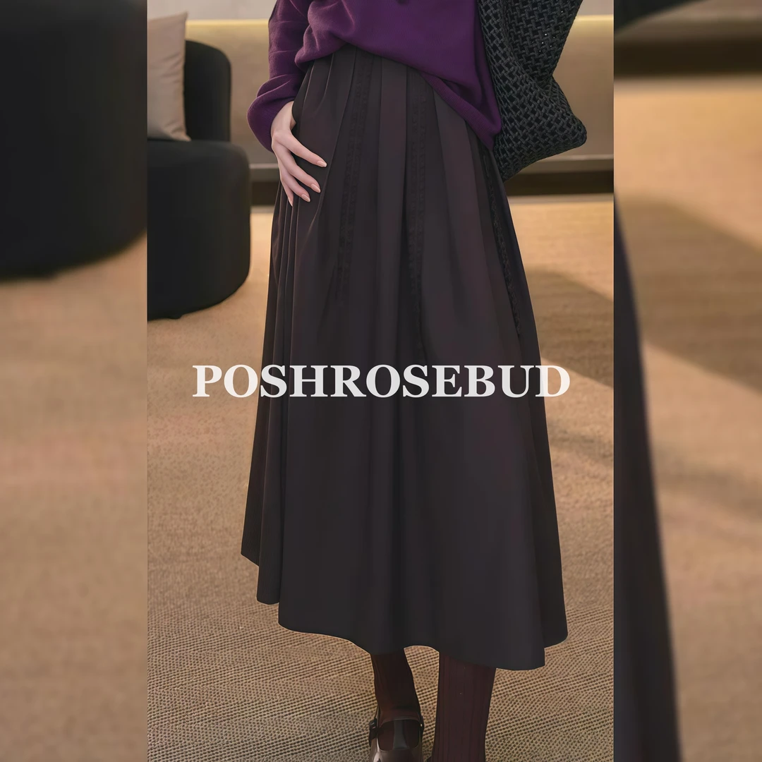 POSHROSEBUD设计师秋季木耳褶垂感高腰气质女装半身裙-2510600