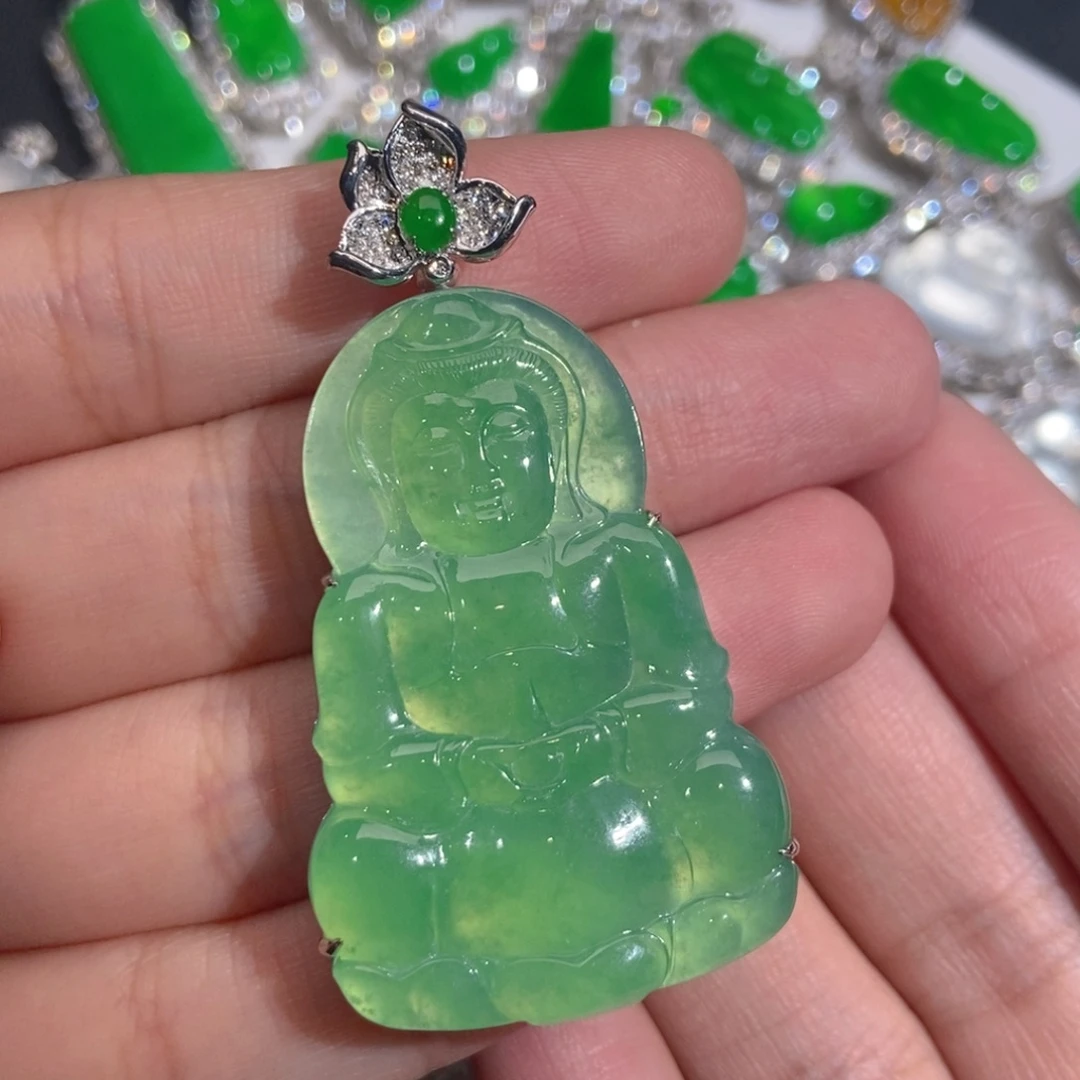 翡翠18K金镶嵌吊坠(不含链)天然缅甸A货翡翠