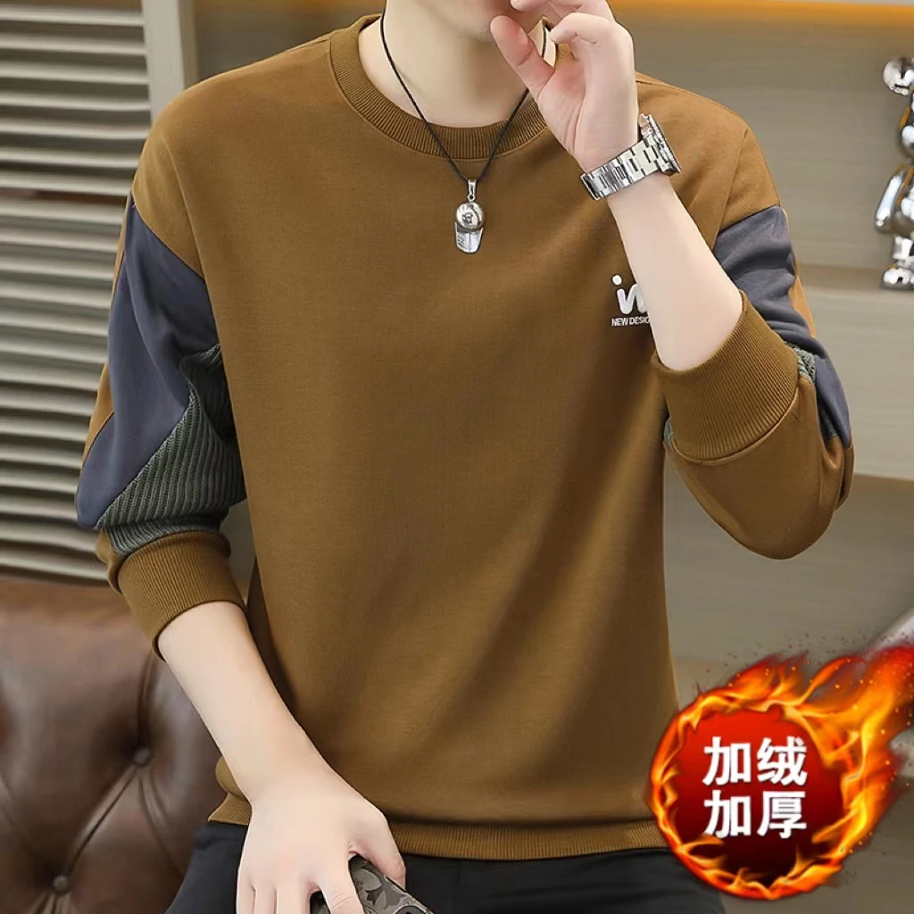 高档秋冬款圆领拼接加绒卫衣男士时尚保暖打底衫体恤男装35852-1