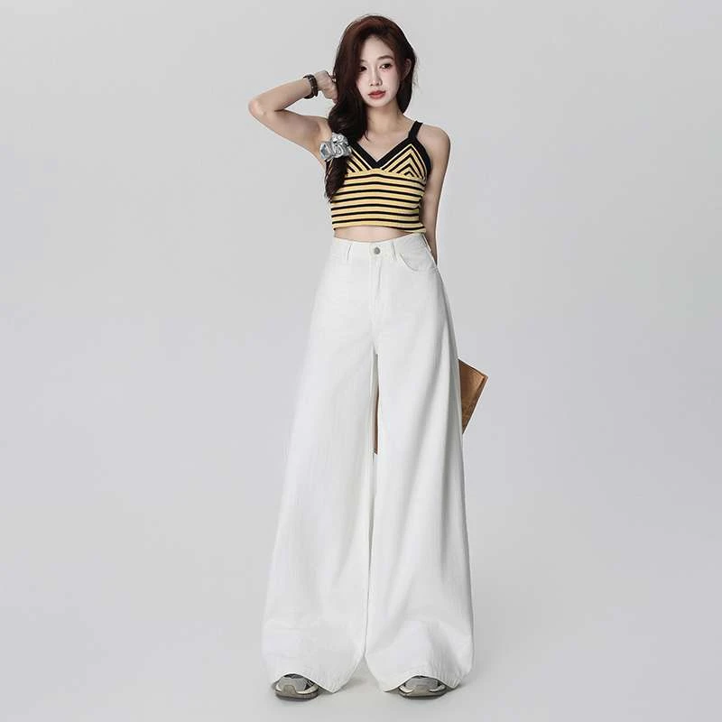 小牙私服竹节面料美式复古高腰宽松阔腿裤垂感拖地春夏牛仔裤女