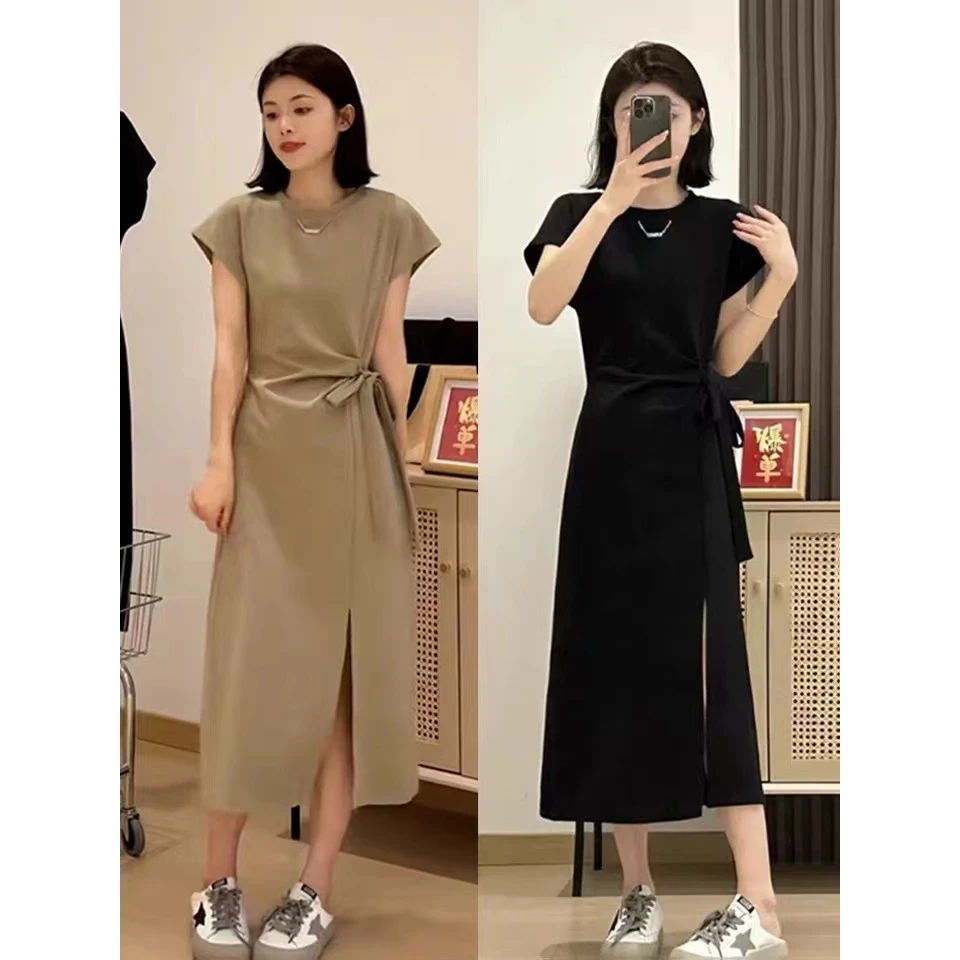 小个子法式开叉连衣裙子女夏季2025新款高端精致梨形身材收腰长裙