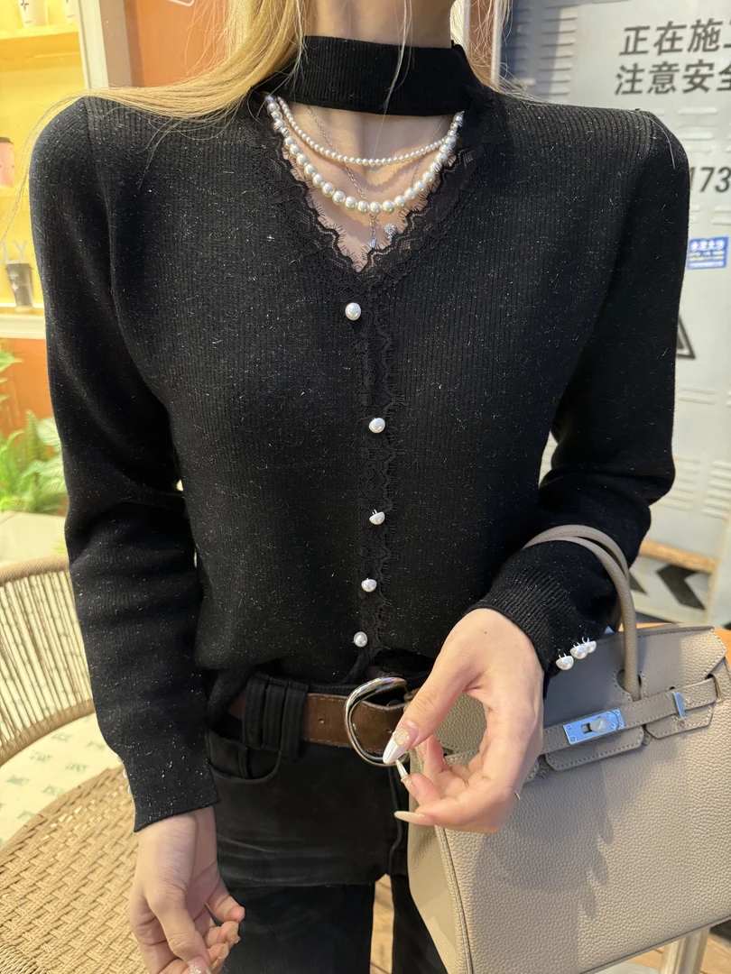 佳丽定制小心机设计心领蕾丝边冬季上衣打底长袖网红时尚百搭