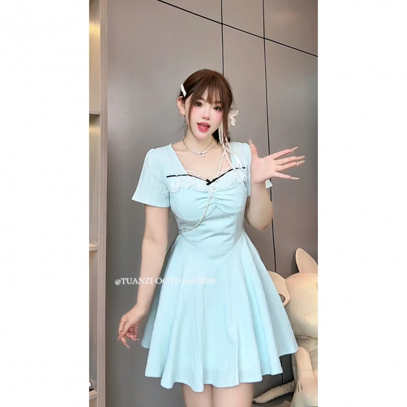 【半夏风玲】9276胖mm甜辣蕾丝拼接方领蝴蝶结女夏季显瘦连衣裙