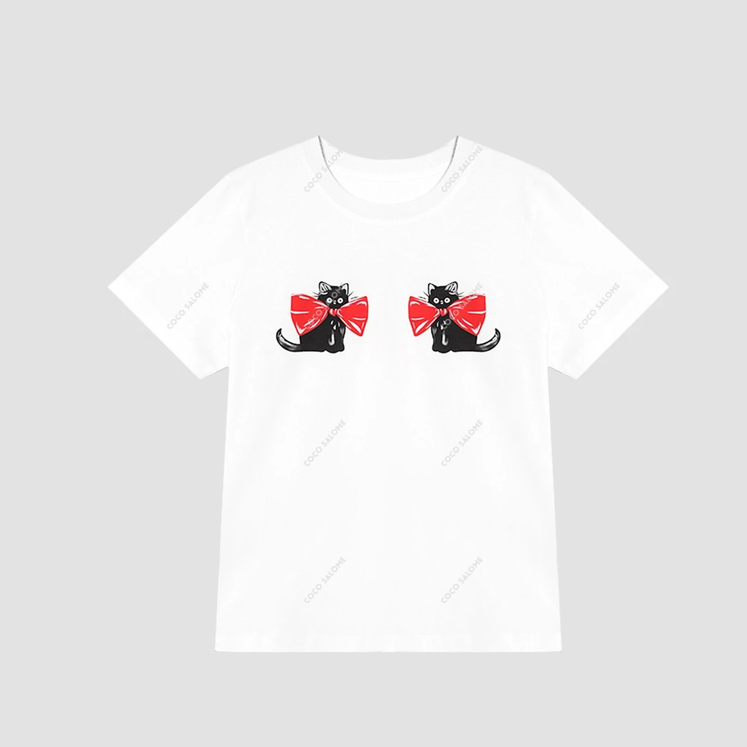 安安推荐【领结小猫】清凉透气时尚高棉轻奢短袖T恤TXS51120377S