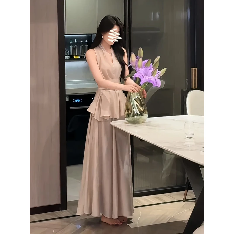 A1651#夏季法式设计感收腰绑带无袖上衣气质高腰褶皱A字半身裙