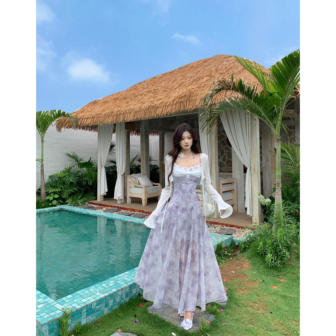 DREAM SEVEN77 显瘦方领吊带连衣裙夏季收腰长裙开衫套装QL87040