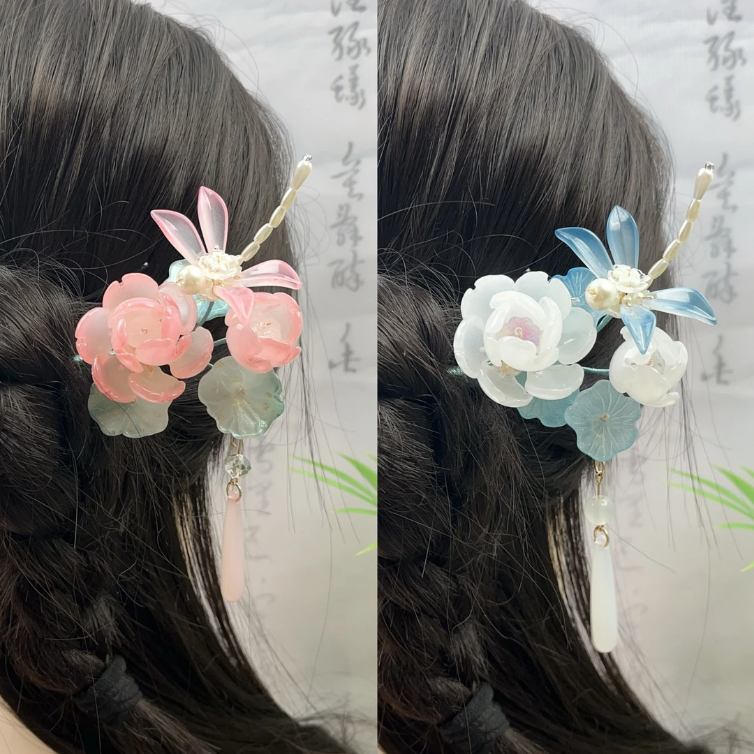 004柠芳秋原创 琉璃木簪汉服头饰白色发饰荷花旗袍配饰古风发饰