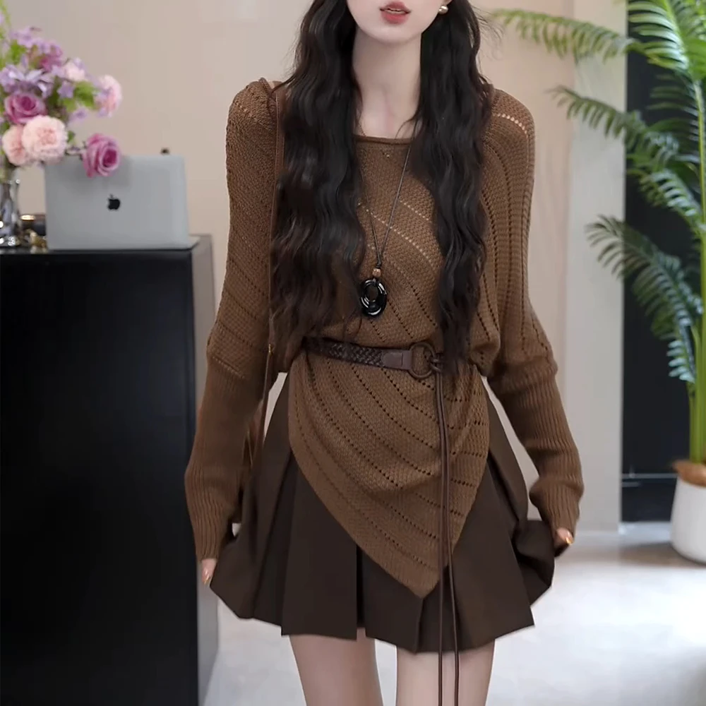 法式不规则镂空长袖针织衫女2026春秋新款修身显瘦时尚打底衫上衣