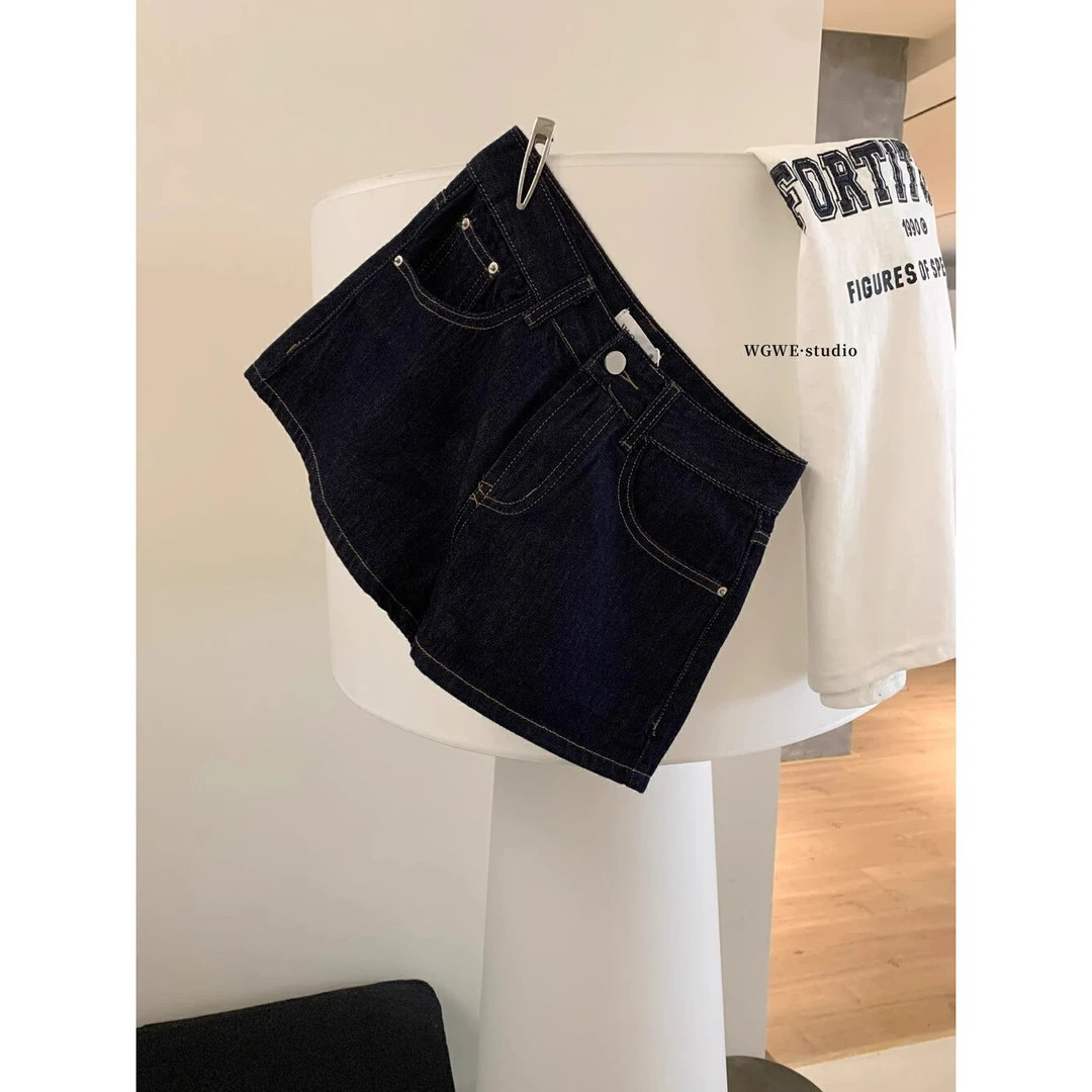 （浠儿姐姐）春夏新款蓝色明线边阔腿牛仔短裤显瘦直筒牛仔短裤子