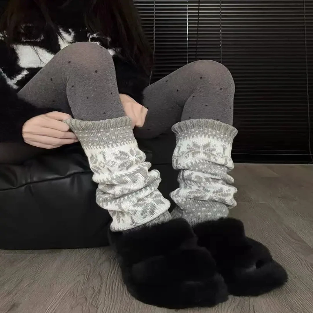 费尔岛复古针织袜套秋冬保暖叠穿圣诞小腿袜韩系欧美雪花堆堆袜