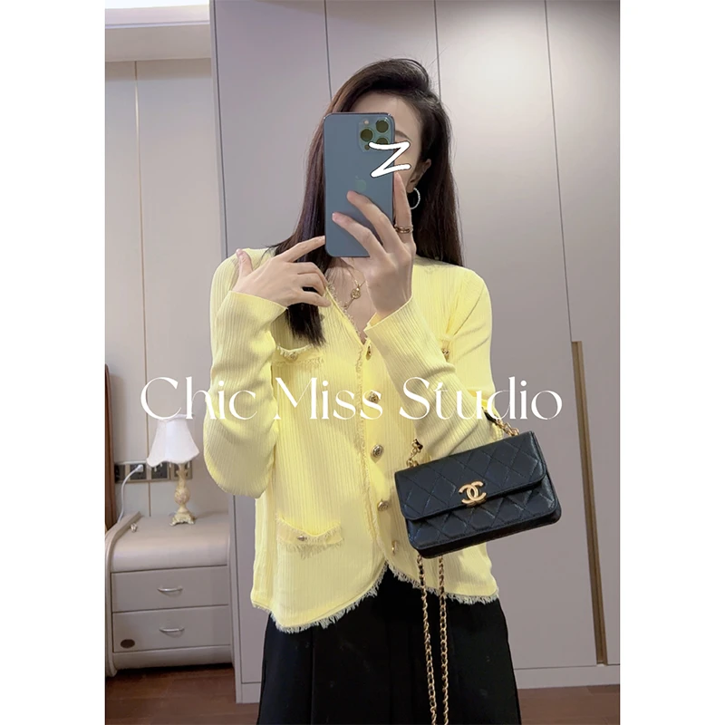 【樱草黄】开衫外套3144超柔软高品质V领小香风上衣