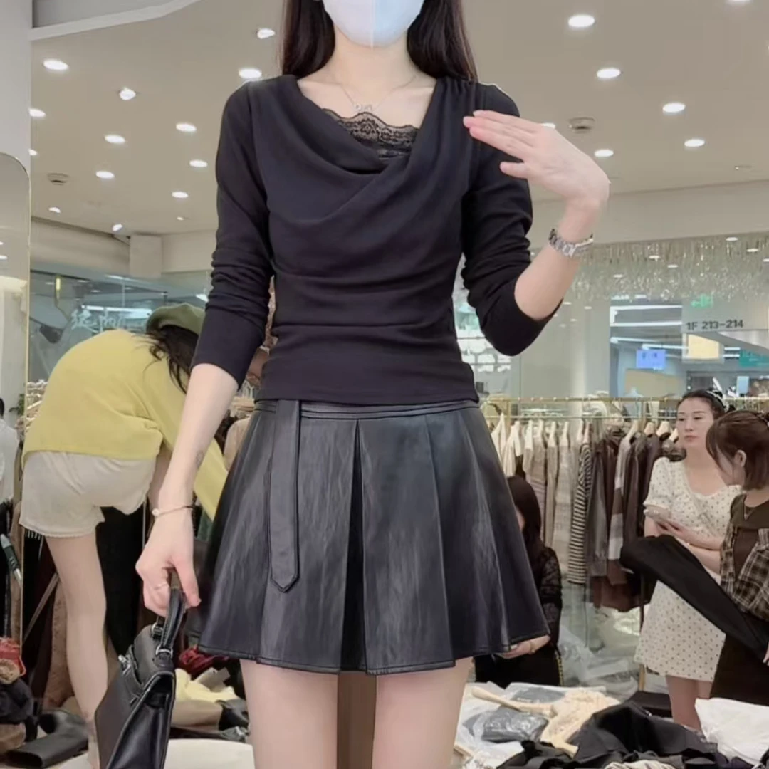 2025秋季新款蕾丝纯欲荡领褶皱掐腰长袖打底衫t恤