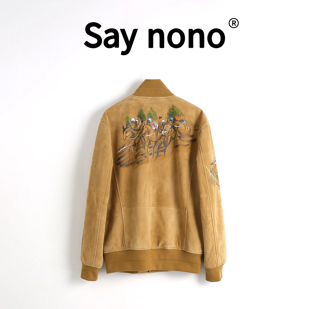 懒猫nono│Saynono手绘图案罗纹立领绒面外套定制皮衣/D24133