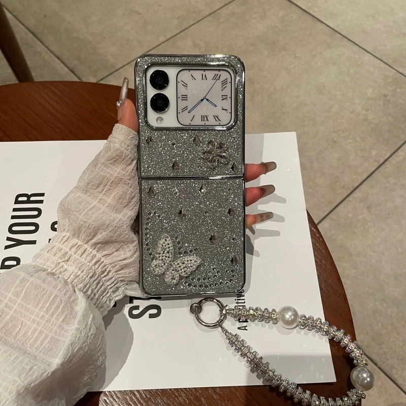 适用华为novaflip手机壳电镀闪粉猫贴银色珍珠手提创意novaflipS