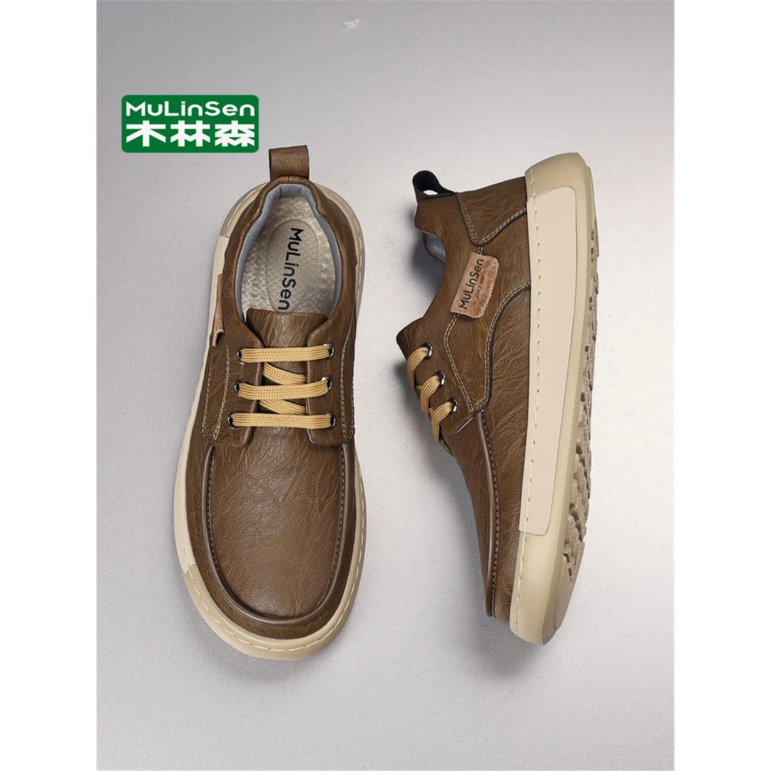 木林森皮鞋男款商务西装棕色覆古工装宽头英伦休闲真皮低帮马丁靴