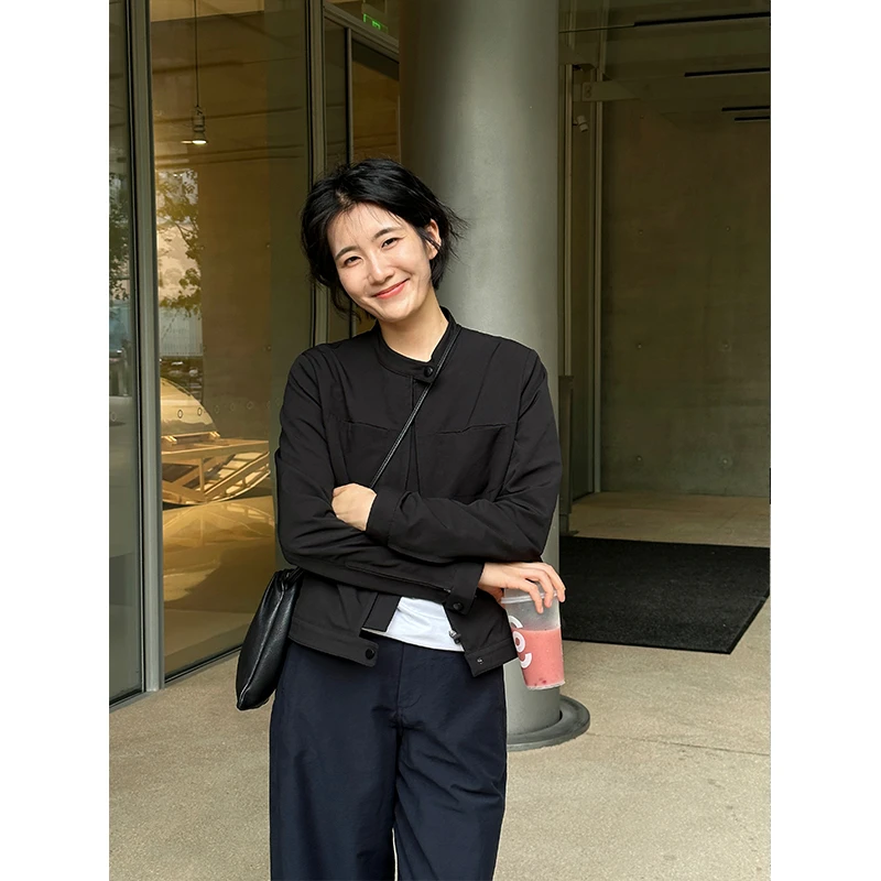 LANGQING 新款秋装黑色立领短款夹克外套女42703#