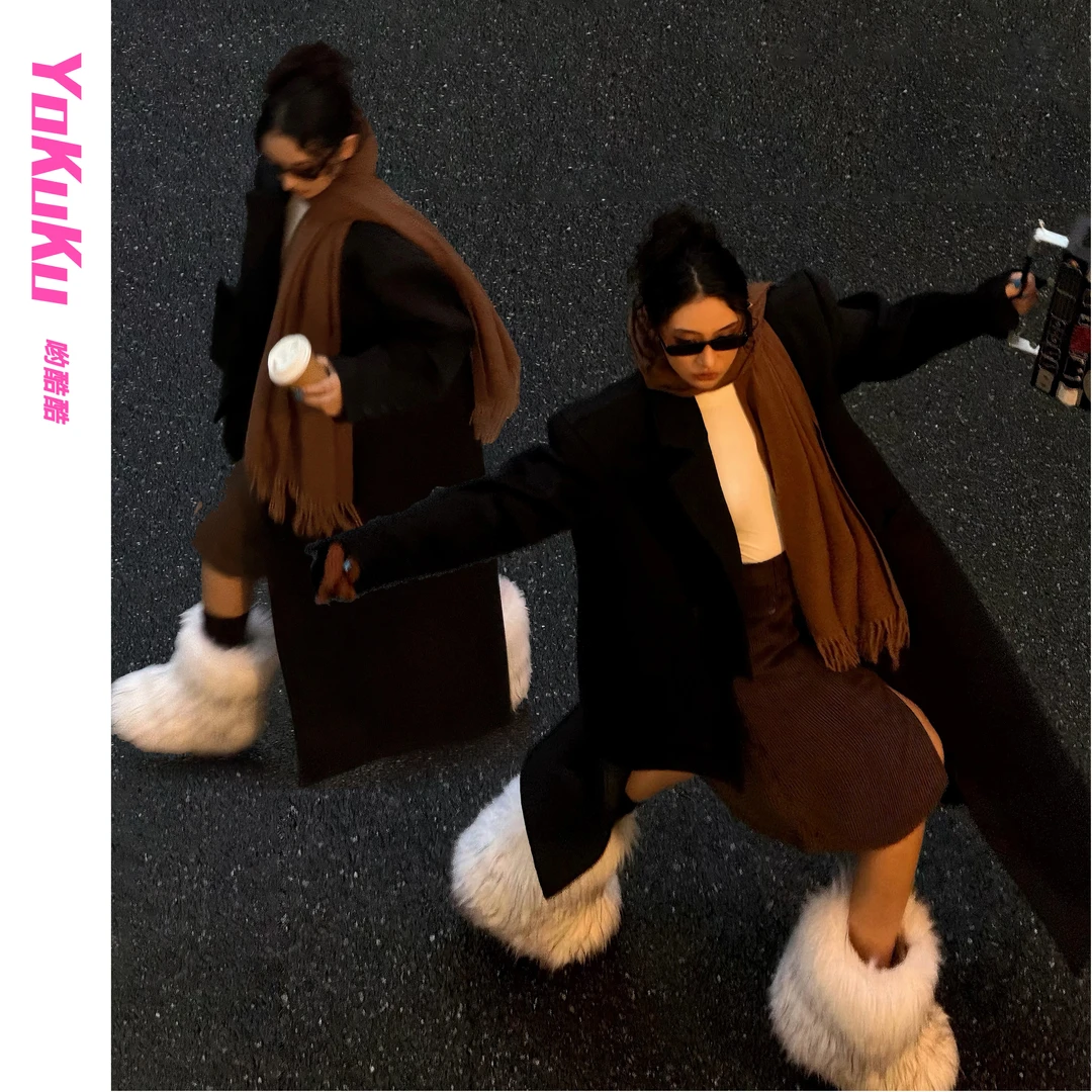 哟酷酷(无言宣言)秋冬抗风保暖不对称立体裁剪时尚羊毛过膝大衣