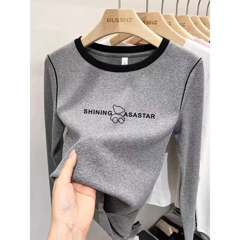 肩膀拼色设计感小众圆领长袖t恤女装时尚百搭秋冬季独特漂亮小衫