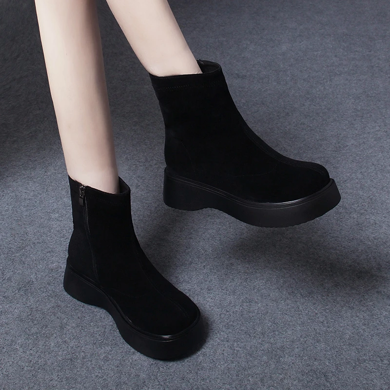 3008秋冬新款绒面厚底短靴女靴子女款平底羊皮女鞋子瘦瘦靴马丁靴