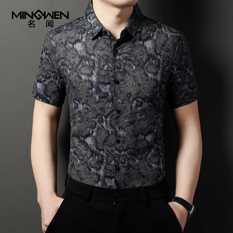 含桑蚕丝缎面短袖棉衬衫男夏季薄时尚潮流高级感痞帅印花休闲衬衣