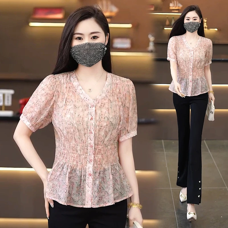 时尚百搭碎花小衫女2025夏季新款气质松紧收腰设计感休闲短袖上衣